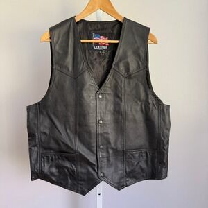 Leather U.S.A. Vintage 100% Leather Vest American Flag Biker Moto Jacket